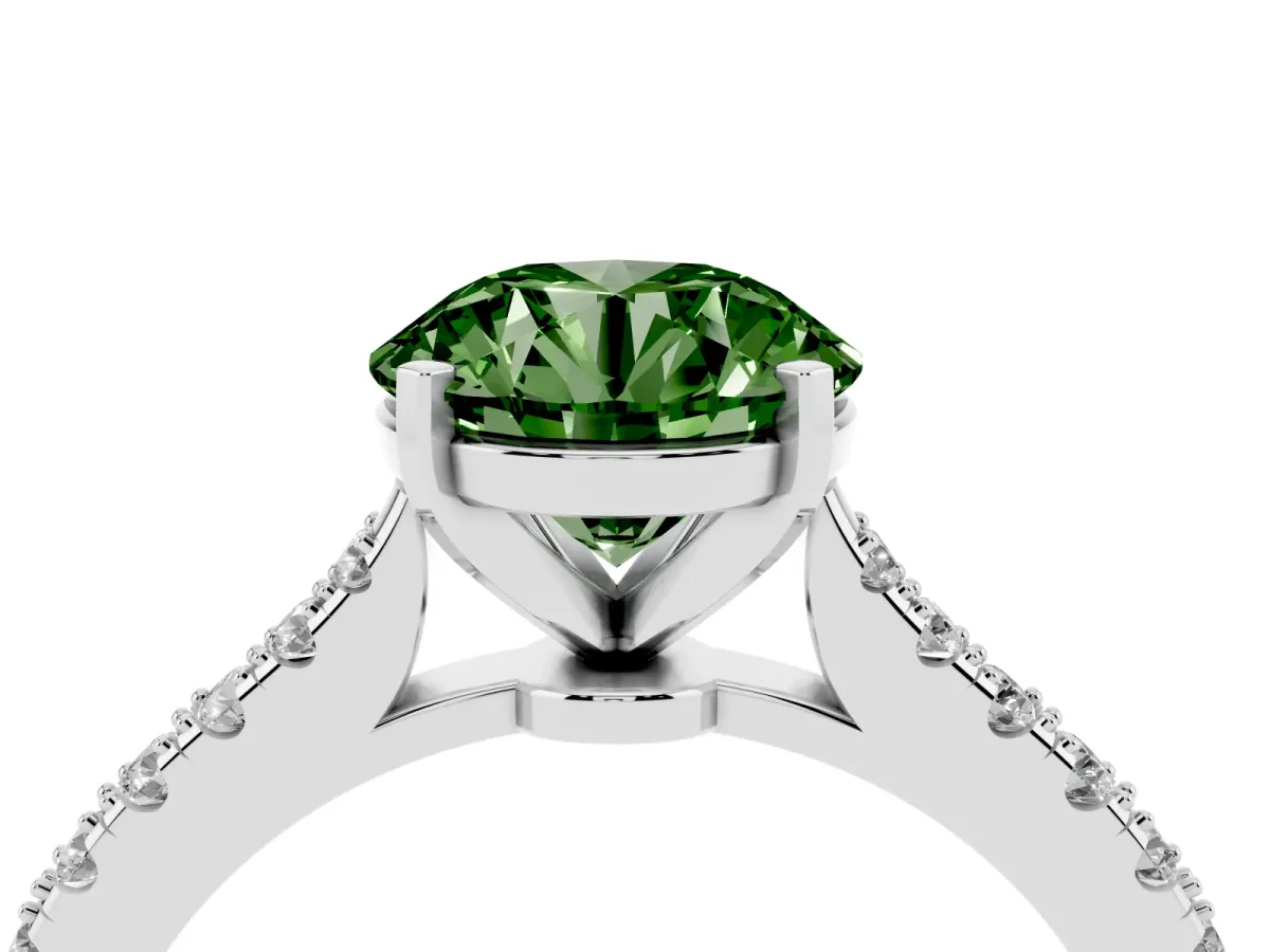 Fancy Green Round Cut Cut Solitaire Diamond Engagement Ring with Pave Band and Four-Prong Setting Silver