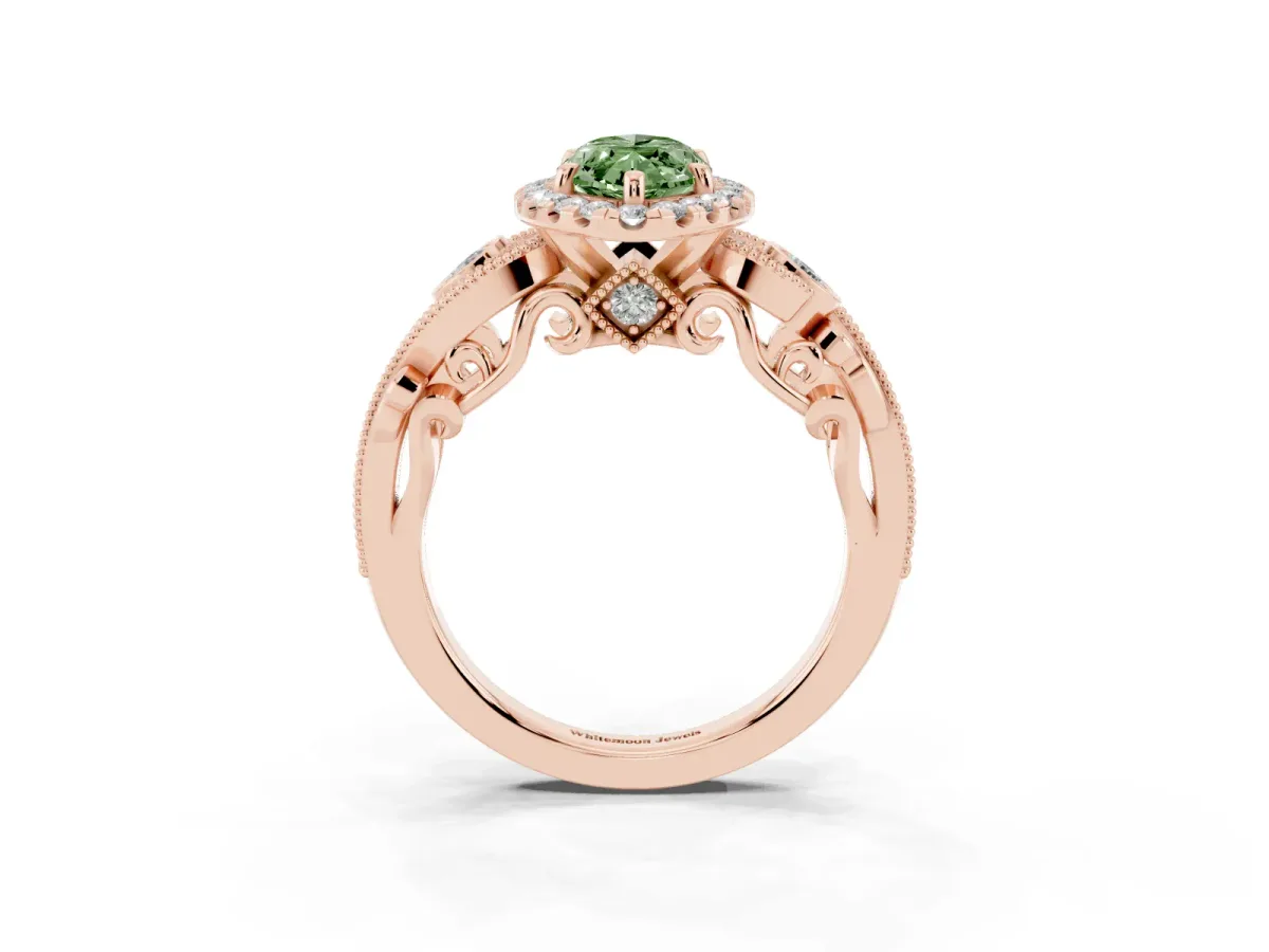 Fancy Green Marquise Cut Halo Diamond Ring with Milgrain and Bezel Accents on a Split Shank Band Rose gold