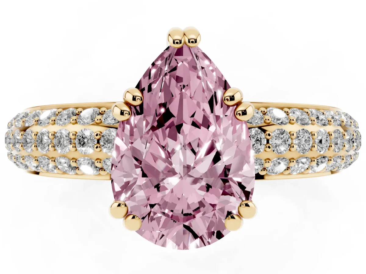 Fancy Pink Pear Cut Diamond Solitaire Ring with Multi-Row Round Pavé Band and Prong Setting Yellow gold