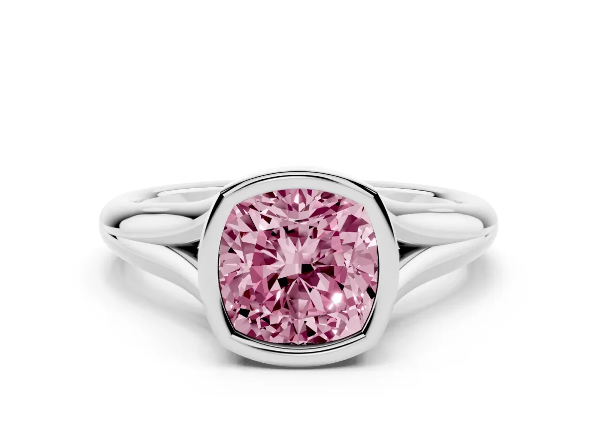 Fancy Pink Bezel Set Cushion Cut Solitaire Diamond Ring with Smooth Band Platinum