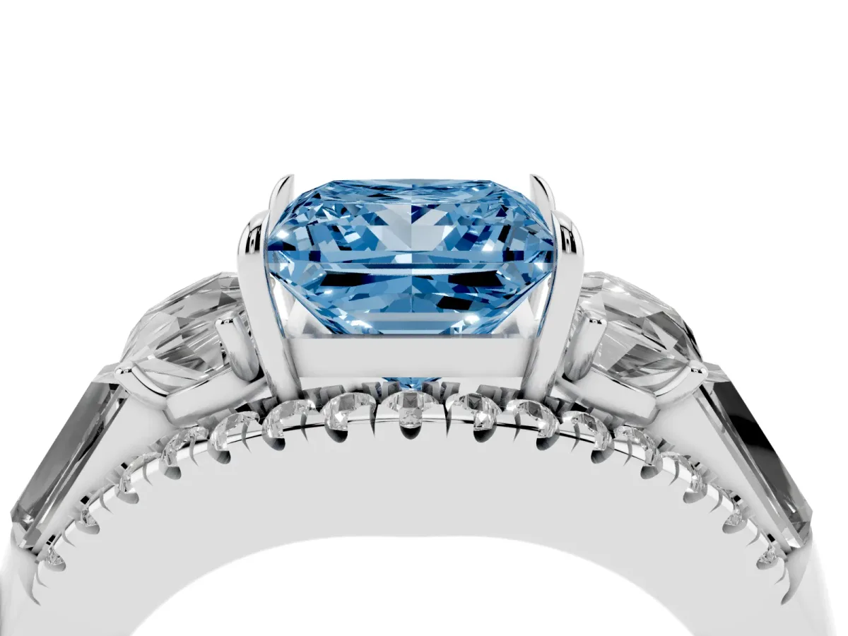 Fancy Blue Three-Stone Princess Cut Diamond Engagement Ring with Pave Band and Prong Setting White gold