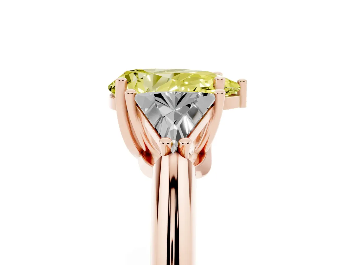Fancy Yellow Three-Stone Pear Cut Diamond Engagement Ring with Trillion Side Stones and Prong Setting Rose gold