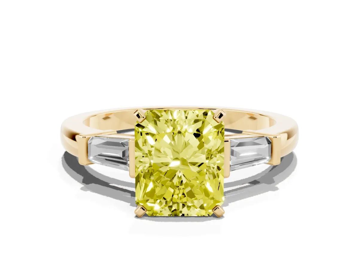 Fancy Yellow Radiant Cut Cut Diamond Solitaire Ring with Tapered Baguette Accents and Four-Prong Setting Yellow gold