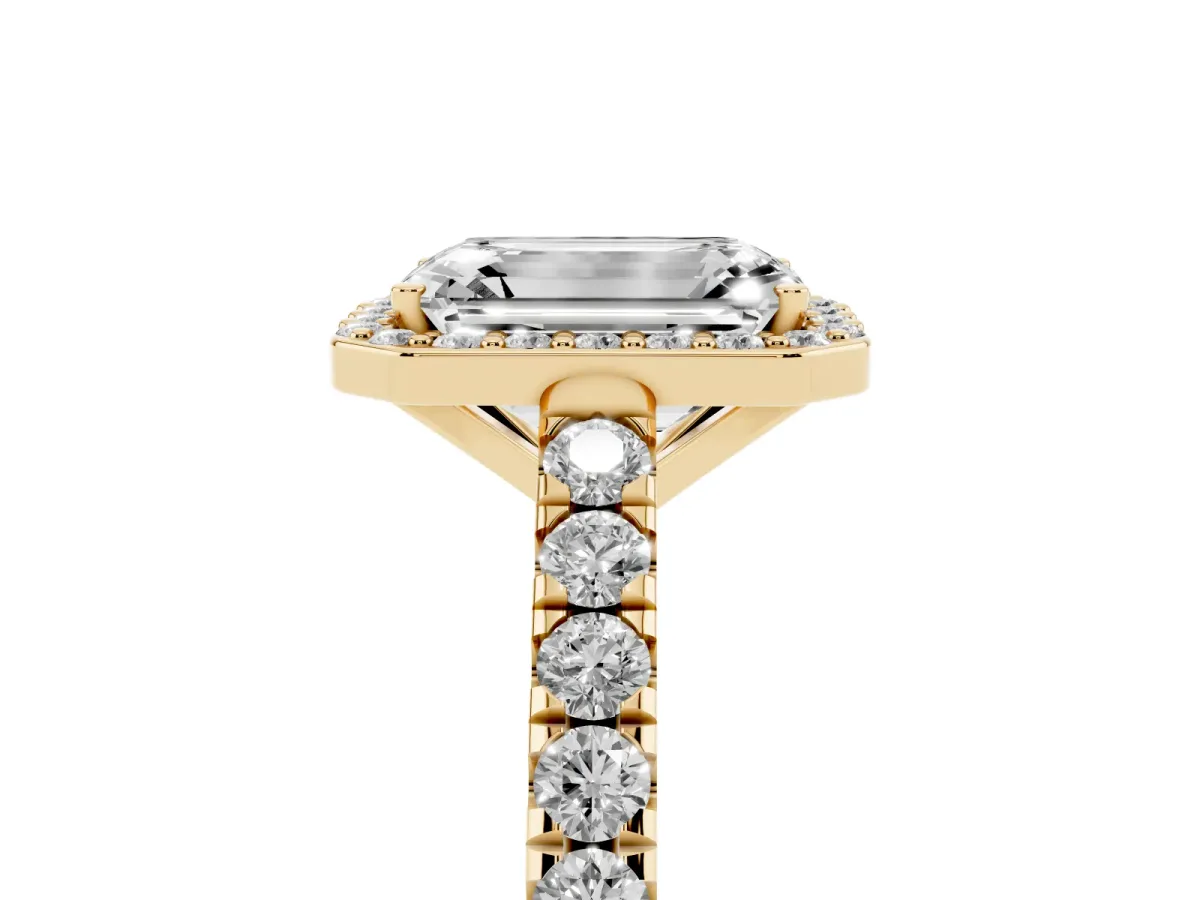 Emerald Cut Cut Halo Diamond Engagement Ring with Pave Band and Four-Prong Setting Yellow gold