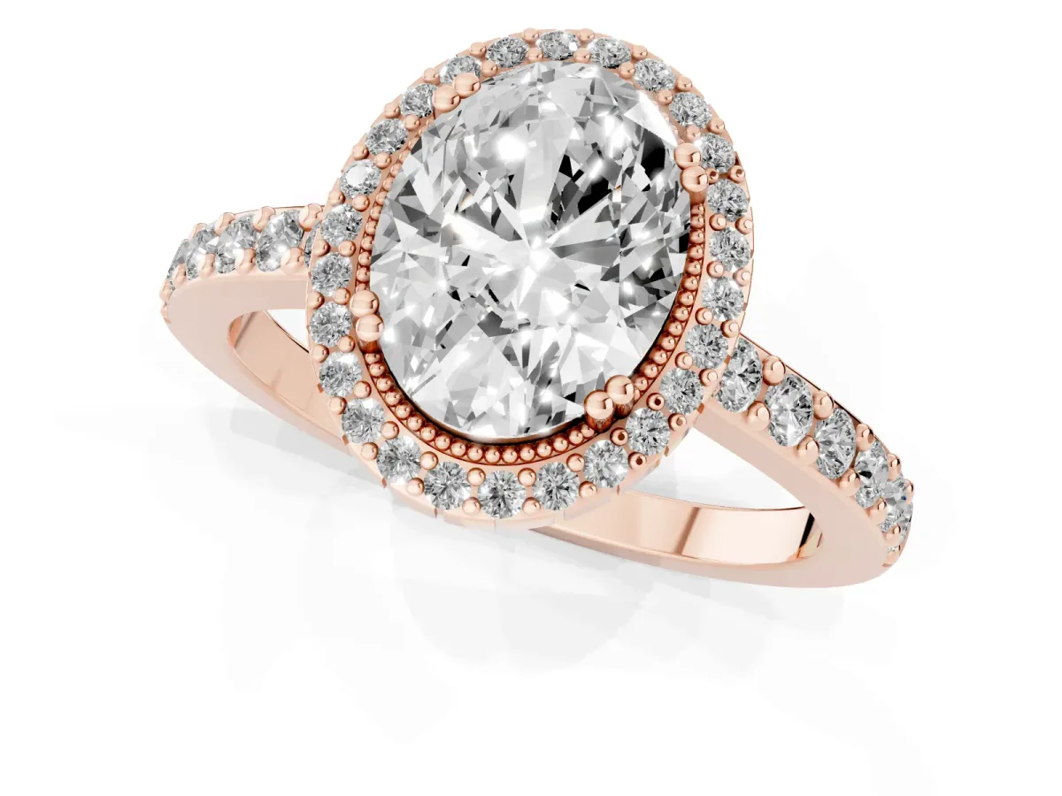 Oval Cut Cut Diamond Halo Engagement Ring with Milgrain Detail and Pavé Band Rose gold