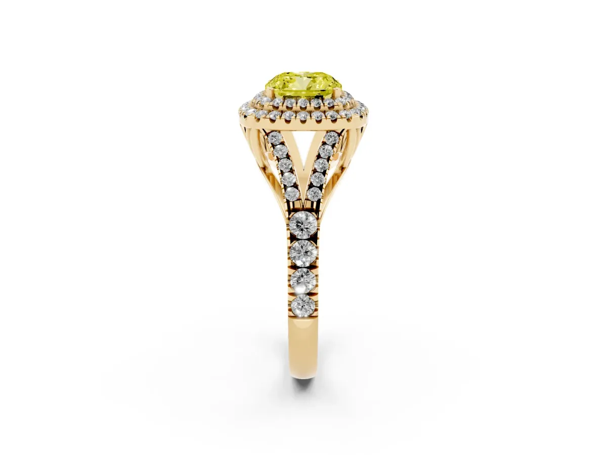 Fancy Yellow Cushion Cut Diamond Pavé Split Shank Double Halo Engagement Ring Yellow gold
