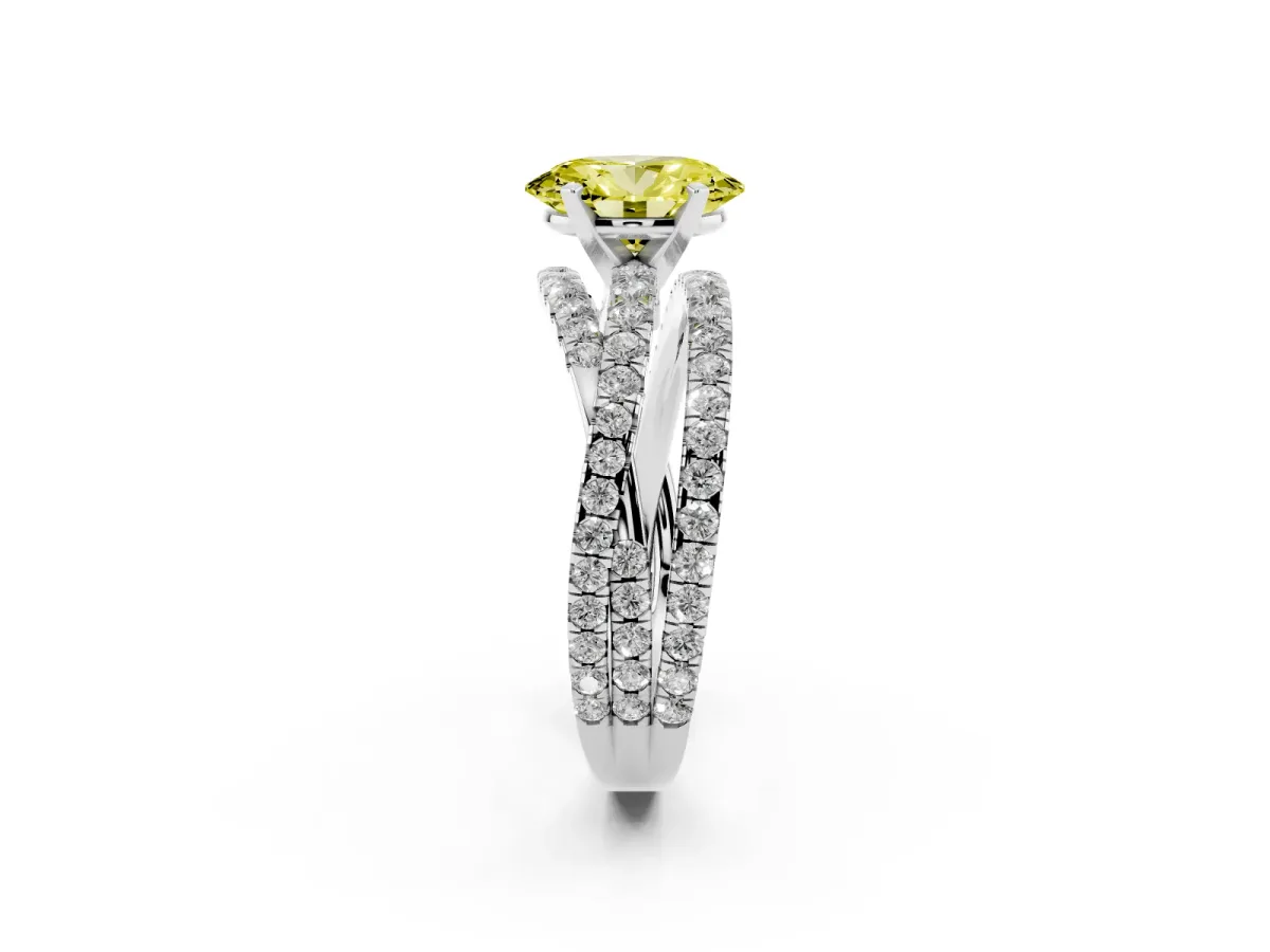 Fancy Yellow Oval Cut Solitaire Twist Band with Pavé Setting and Four-Prong Setting Silver