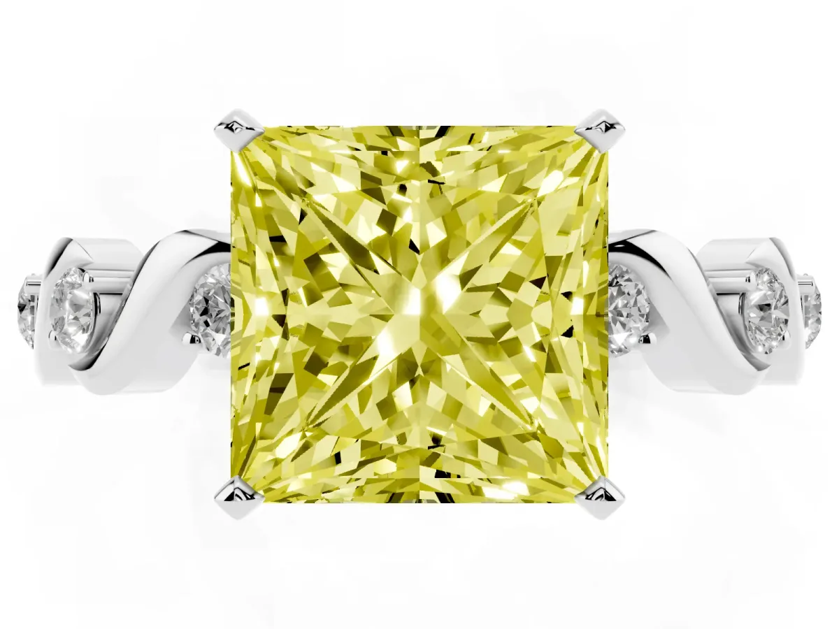 Fancy Yellow Princess Cut Diamond Solitaire Twisted Band with Round Accents and Prong Setting Silver