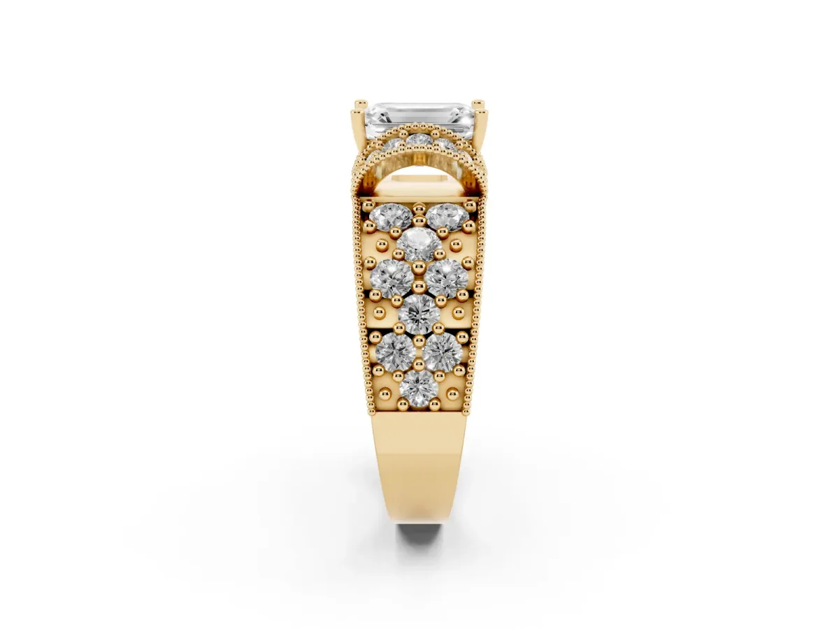 Emerald Cut Halo Pave Diamond Engagement Ring with Milgrain Detailing Yellow gold