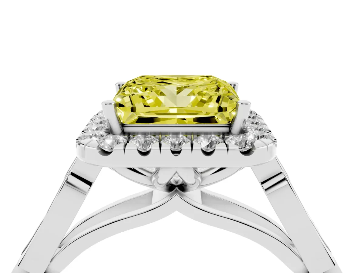 Fancy Yellow Princess Cut Halo Diamond Engagement Ring with Filigree Band and Four-Prong Setting White gold