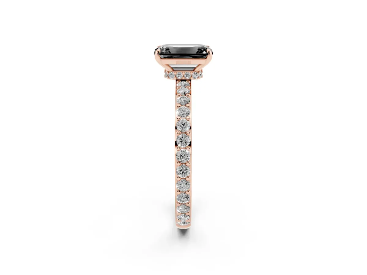 Fancy Black Emerald Cut Diamond Solitaire Engagement Ring with Pavé Band and Four-Prong Setting Rose gold