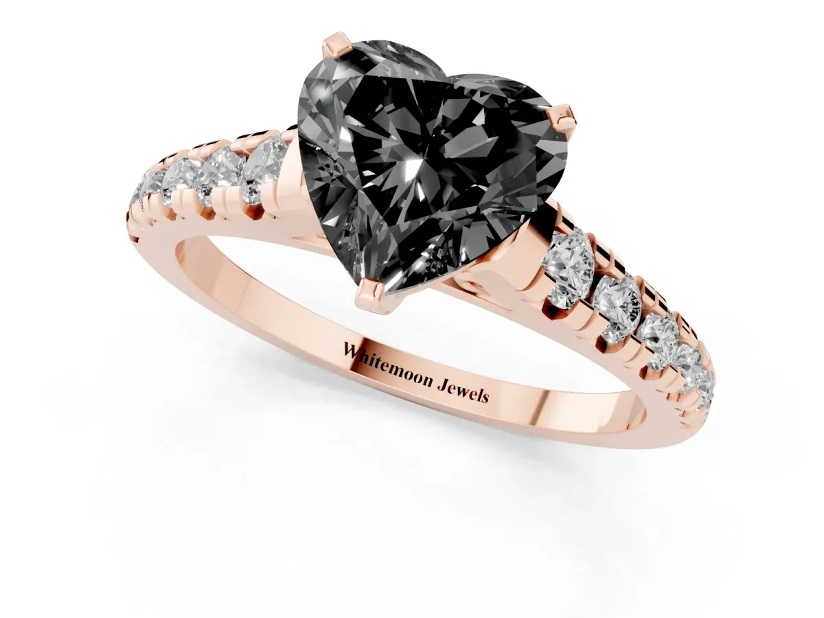 Fancy Black Heart Cut Diamond Cathedral Solitaire Ring with Round Pavé Band Rose gold