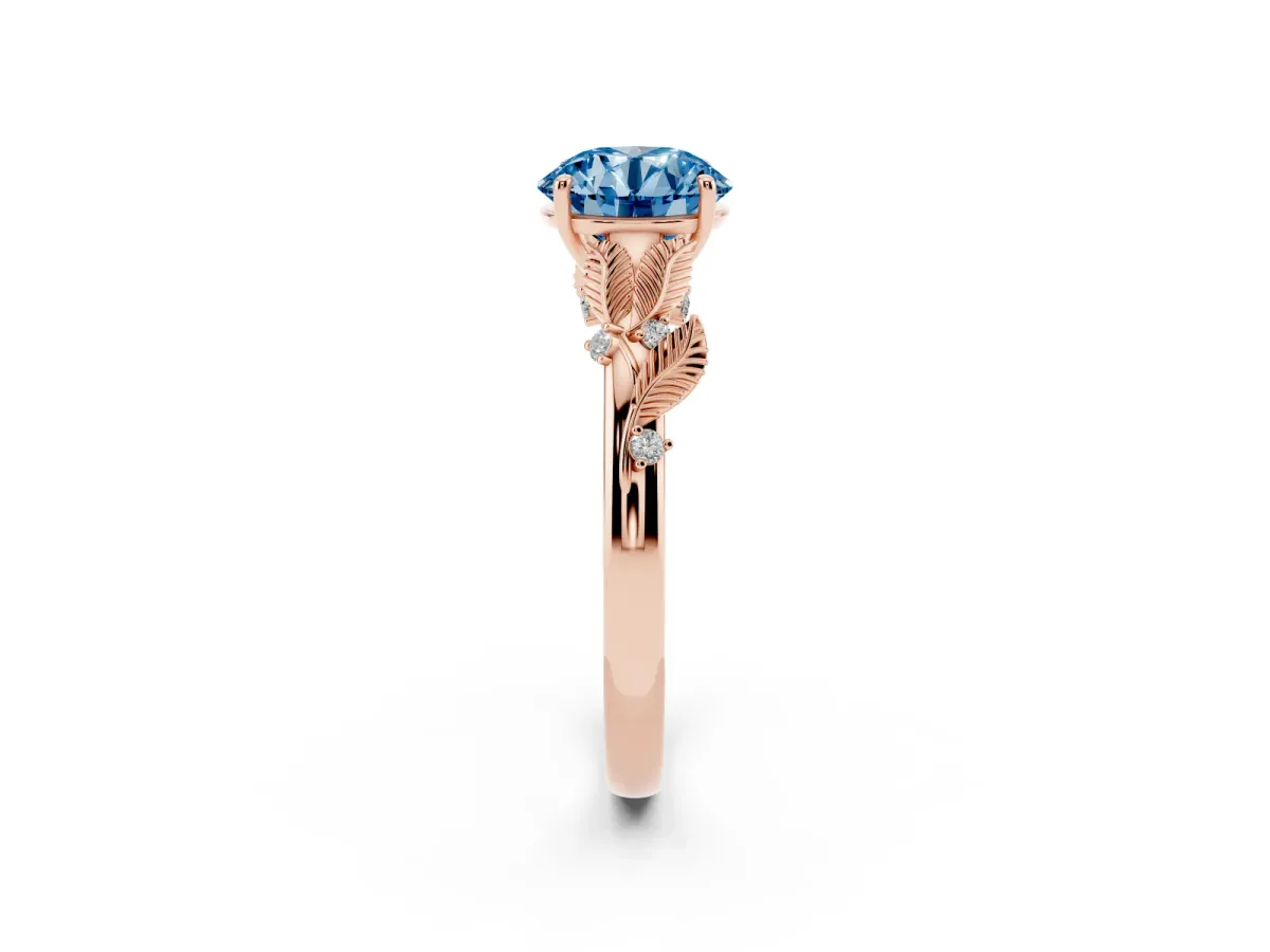 Fancy Blue Round Cut Diamond Solitaire Ring with Leaf Motif Band and Four-Prong Setting Rose gold