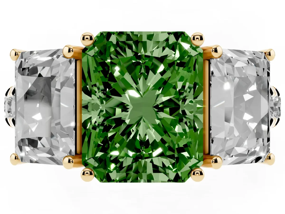 Fancy Green Three-Stone Radiant Cut Diamond Pavé Band with Prong Setting Yellow gold