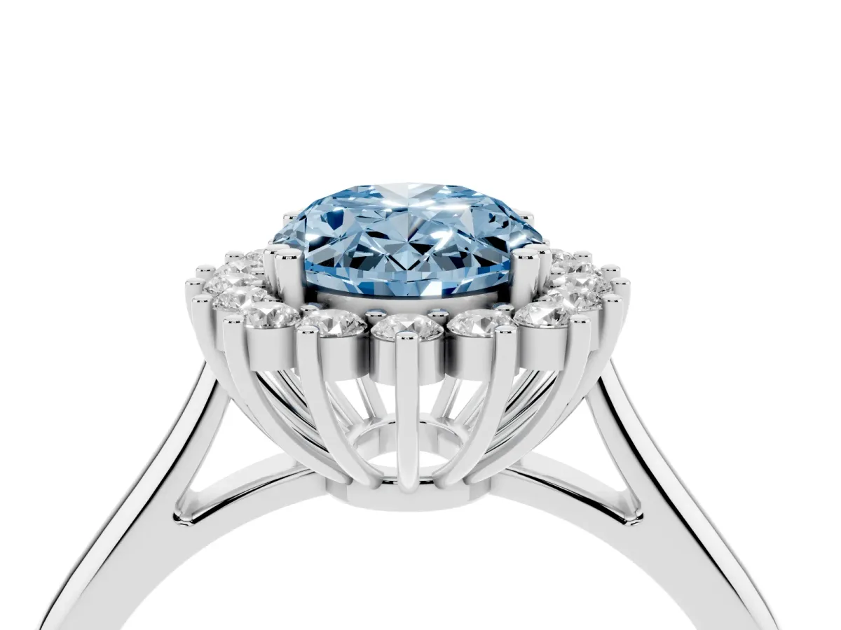 Fancy Blue Oval Cut Cut Diamond Halo Ring with Solitaire Band and Prong Setting Silver