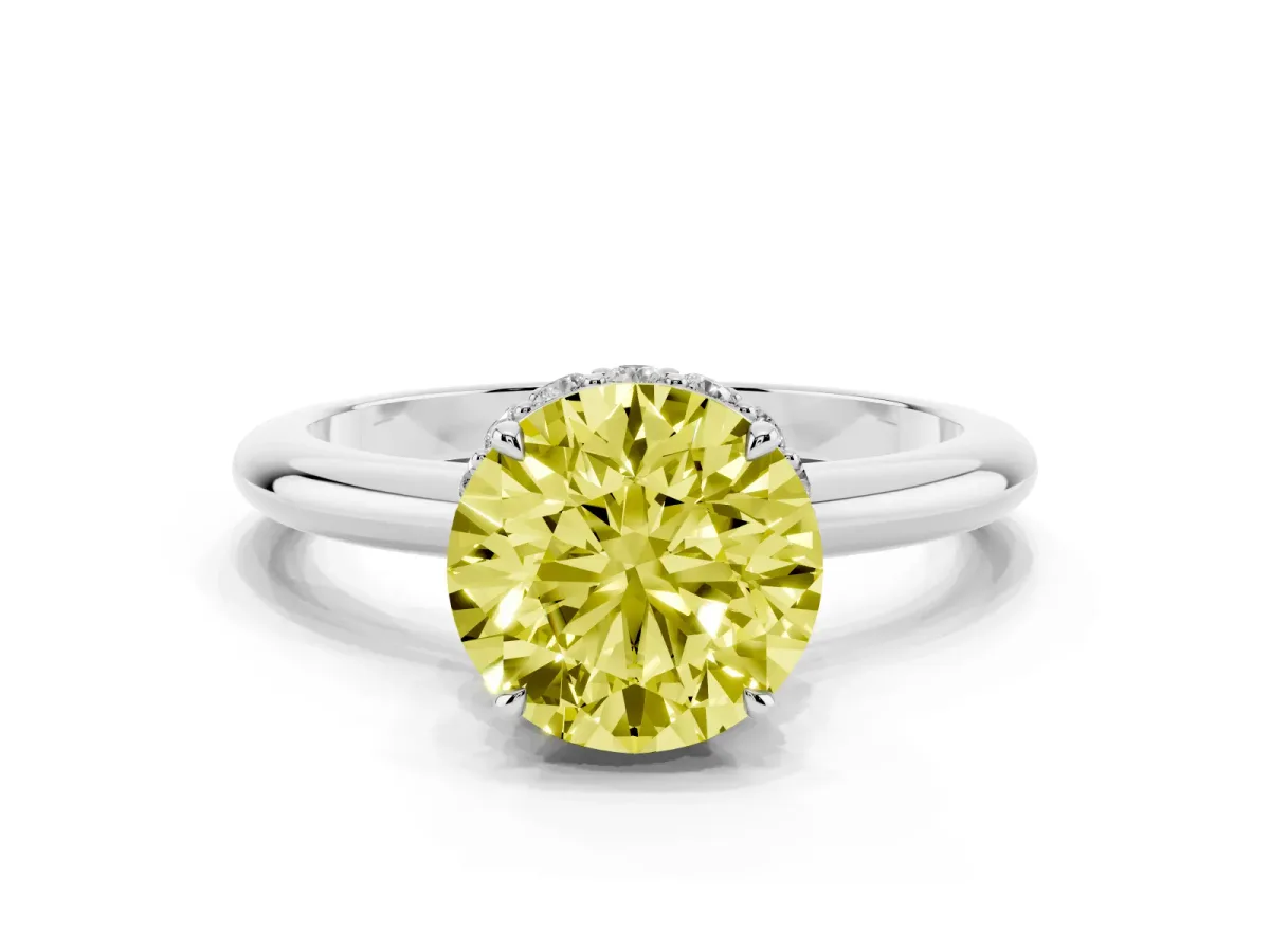 Fancy Yellow Round Cut Brilliant Solitaire Engagement Ring with Six-Prong Setting and Classic Band White gold