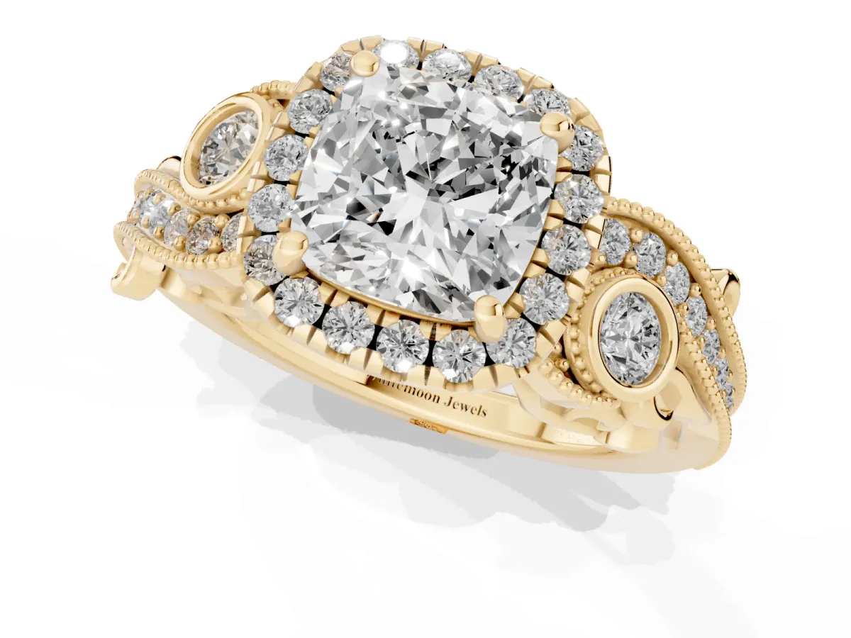 Cushion Cut Halo Diamond Ring with Milgrain and Bezel Accents on a Split Shank Band Yellow gold