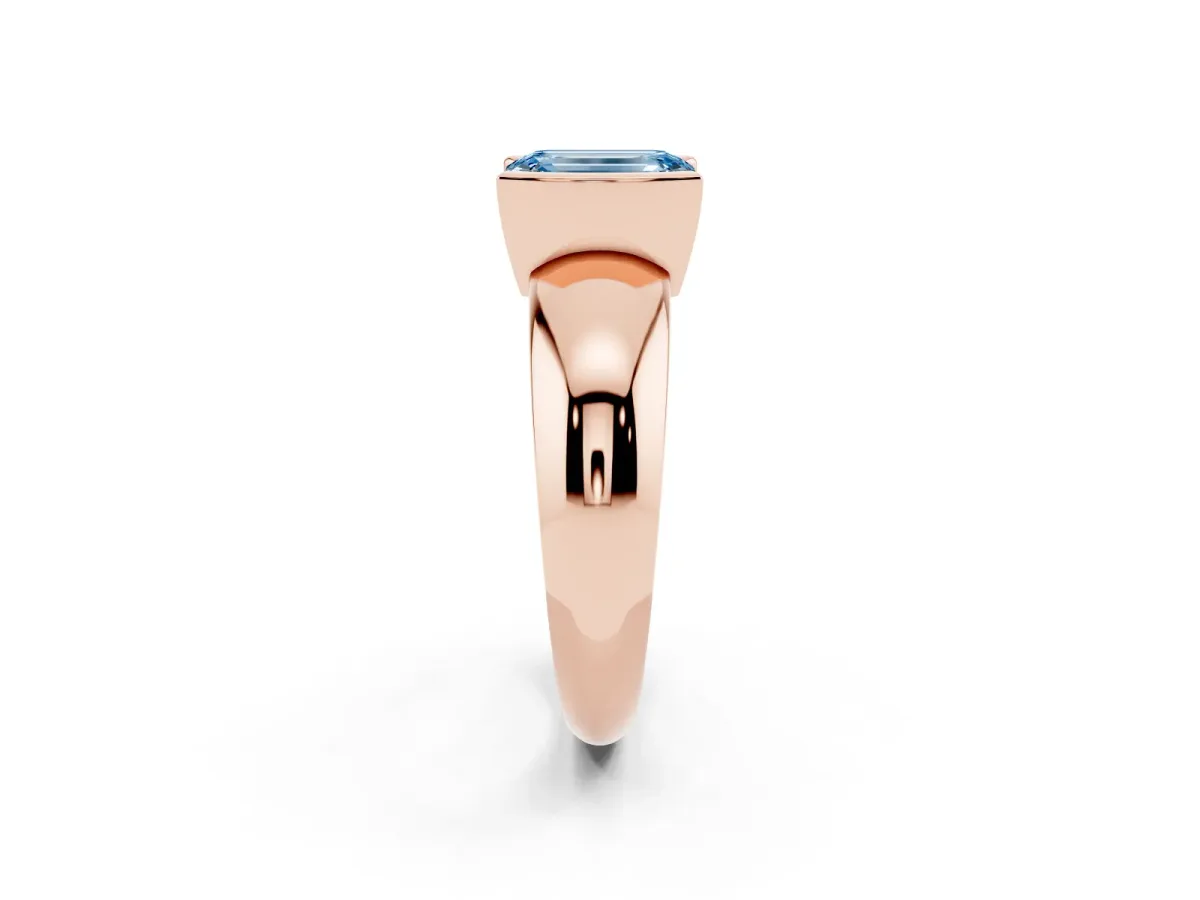 Fancy Blue Emerald Cut Solitaire Tension Set Diamond Ring with Wide Band Rose gold