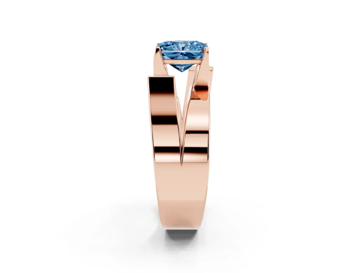 Fancy Blue Modern Tension Set Radiant Cut Diamond Solitaire Wide Band Ring Rose gold