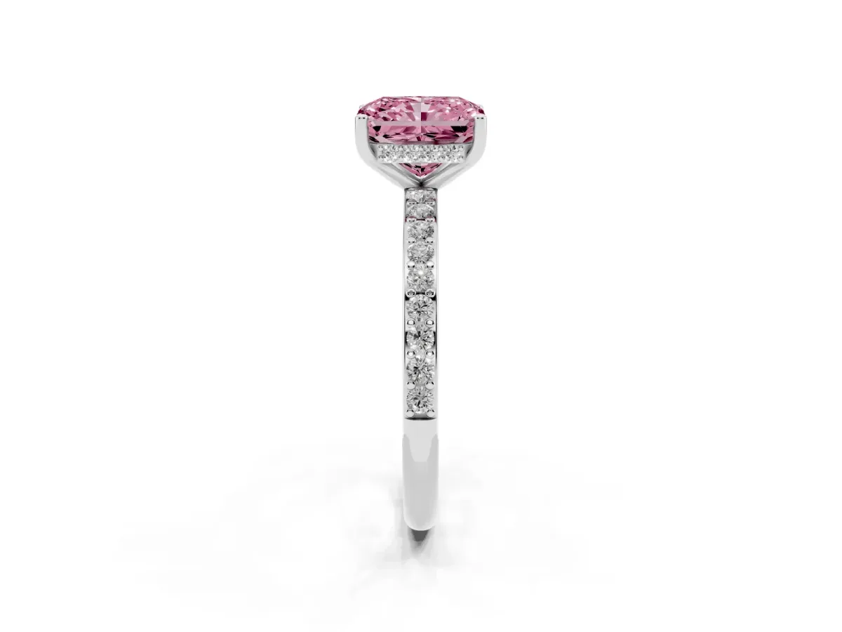 Fancy Pink Radiant Cut Cut Diamond Pavé Band Ring with Four-Prong Setting Silver