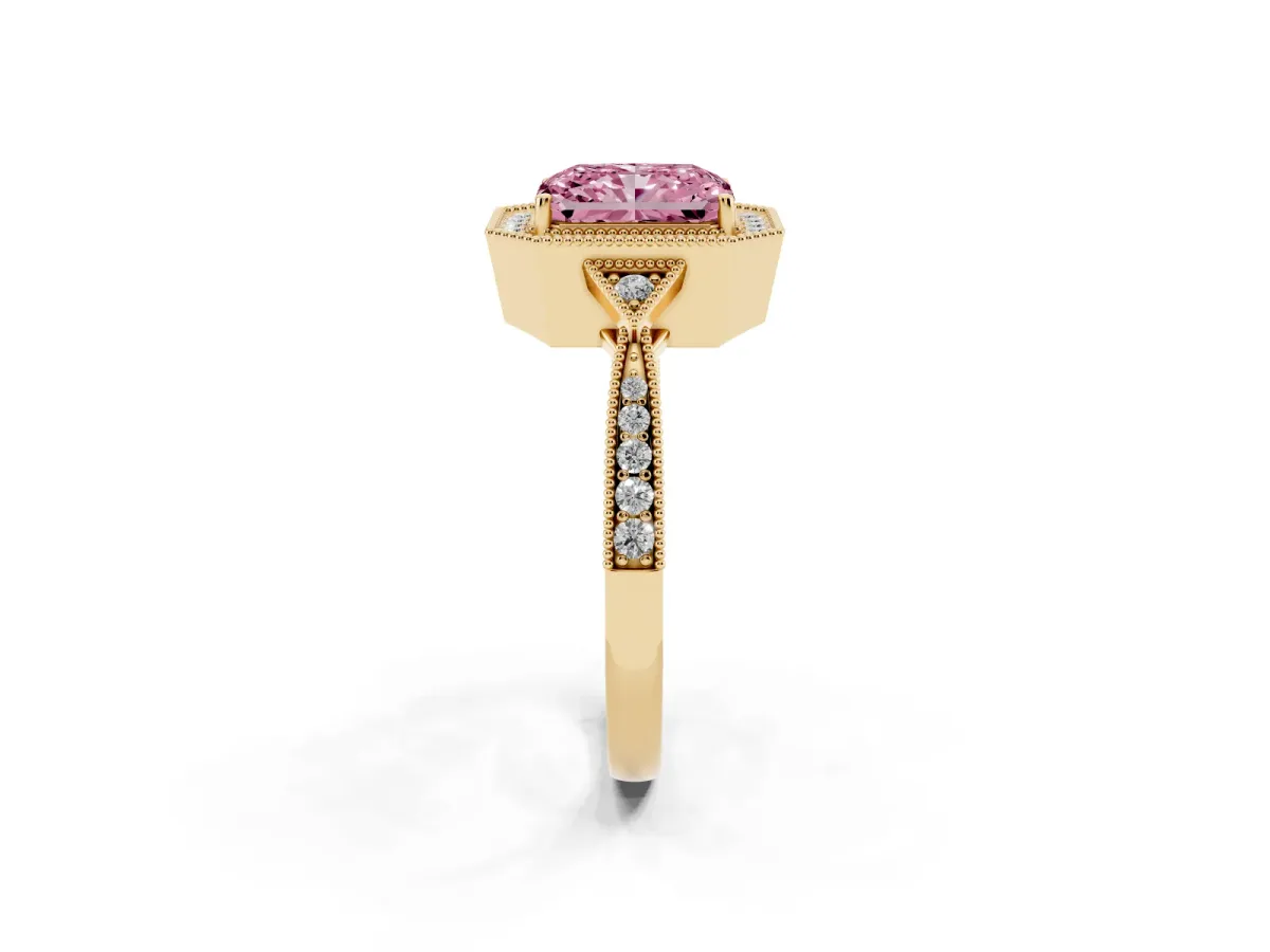 Fancy Pink Radiant Cut Halo Round Diamond Milgrain Pave Engagement Ring Yellow gold