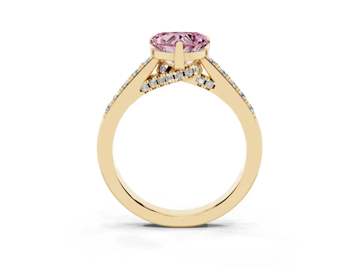 Fancy Pink Heart Cut Diamond Solitaire Ring with Crossover Gallery and Round Pavé Band Yellow gold