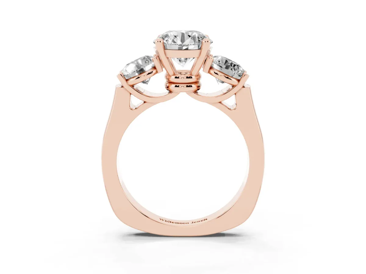 Three-Stone Round Cut Brilliant Diamond Trellis Ring with Comfort Fit Band Rose gold
