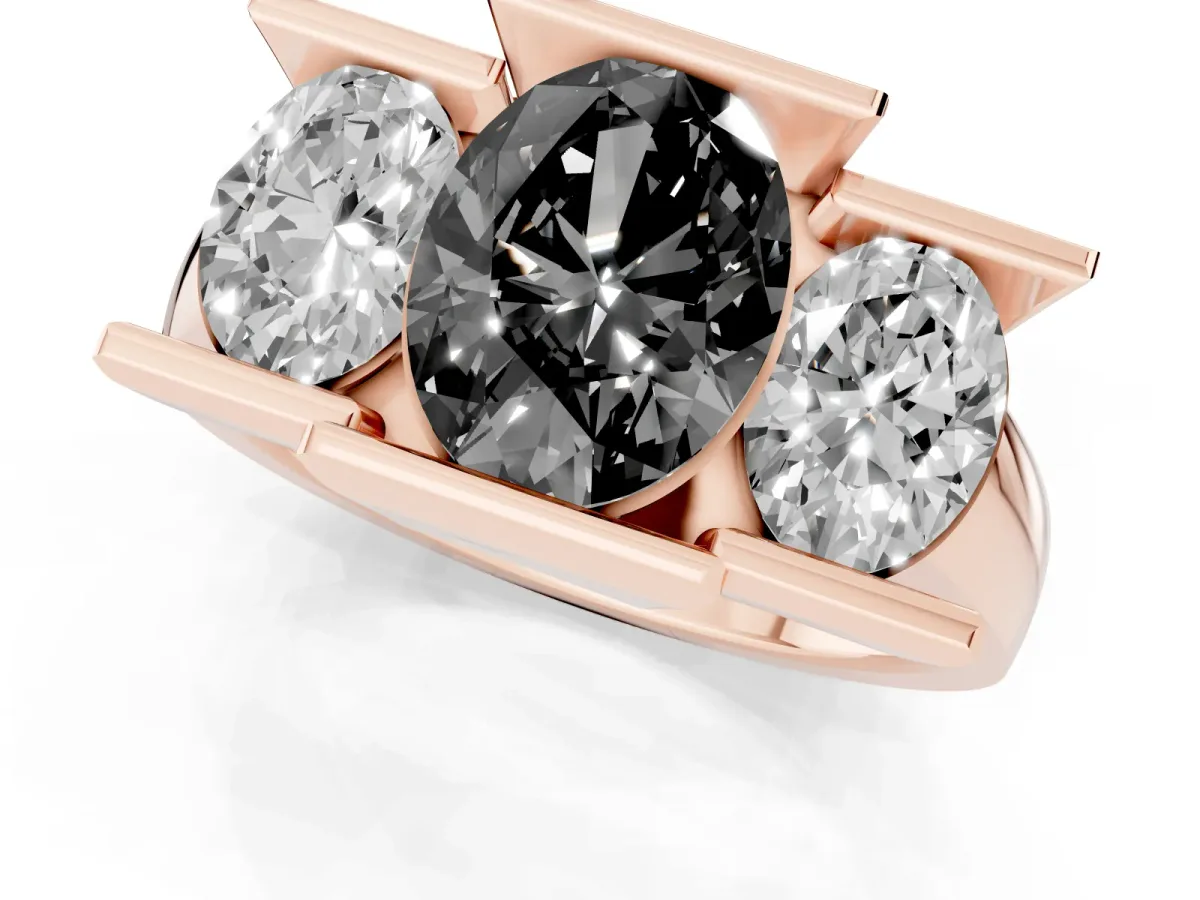 Fancy Black Three Stone Oval Cut Cut Channel Set Diamond Ring Rose gold