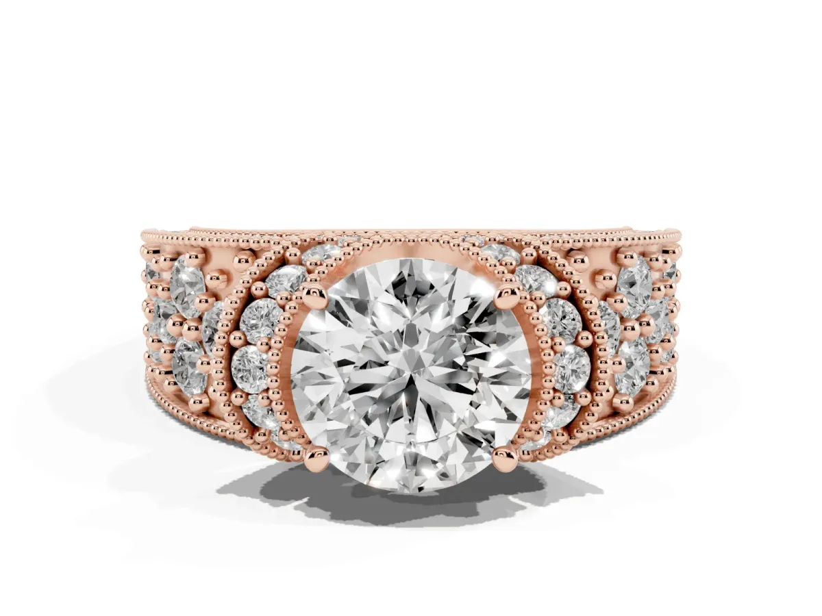 Round Cut Halo Pave Diamond Engagement Ring with Milgrain Detailing Rose gold