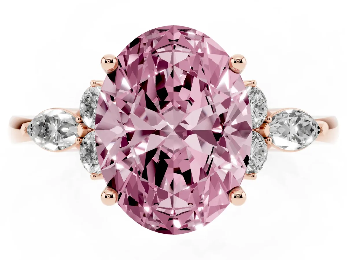 Fancy Pink Oval Cut Brilliant Diamond Solitaire Ring with Pear Side Stones and Four-Prong Setting Rose gold