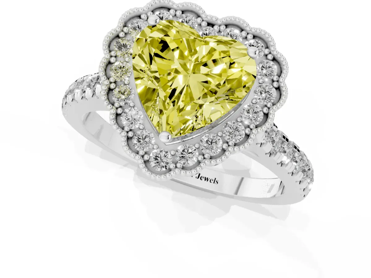 Fancy Yellow Heart Cut Cut Diamond Milgrain Floral Halo Engagement Ring with Pavé Band White gold