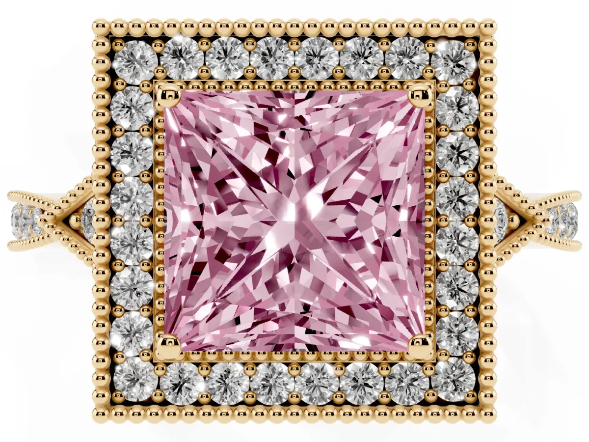 Fancy Pink Princess Cut Halo Round Diamond Milgrain Pave Engagement Ring Yellow gold