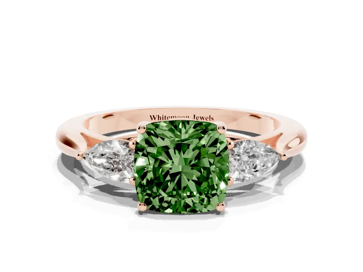 Fancy Green Three-Stone Cushion Cut Diamond Ring with Pear Side Stones in Four-Prong Setting Rose gold