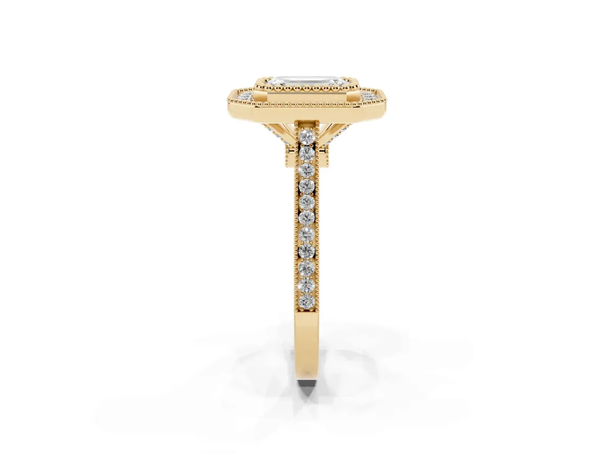 Emerald Cut Diamond Halo Ring with Milgrain Frame and Pavé Band Yellow gold