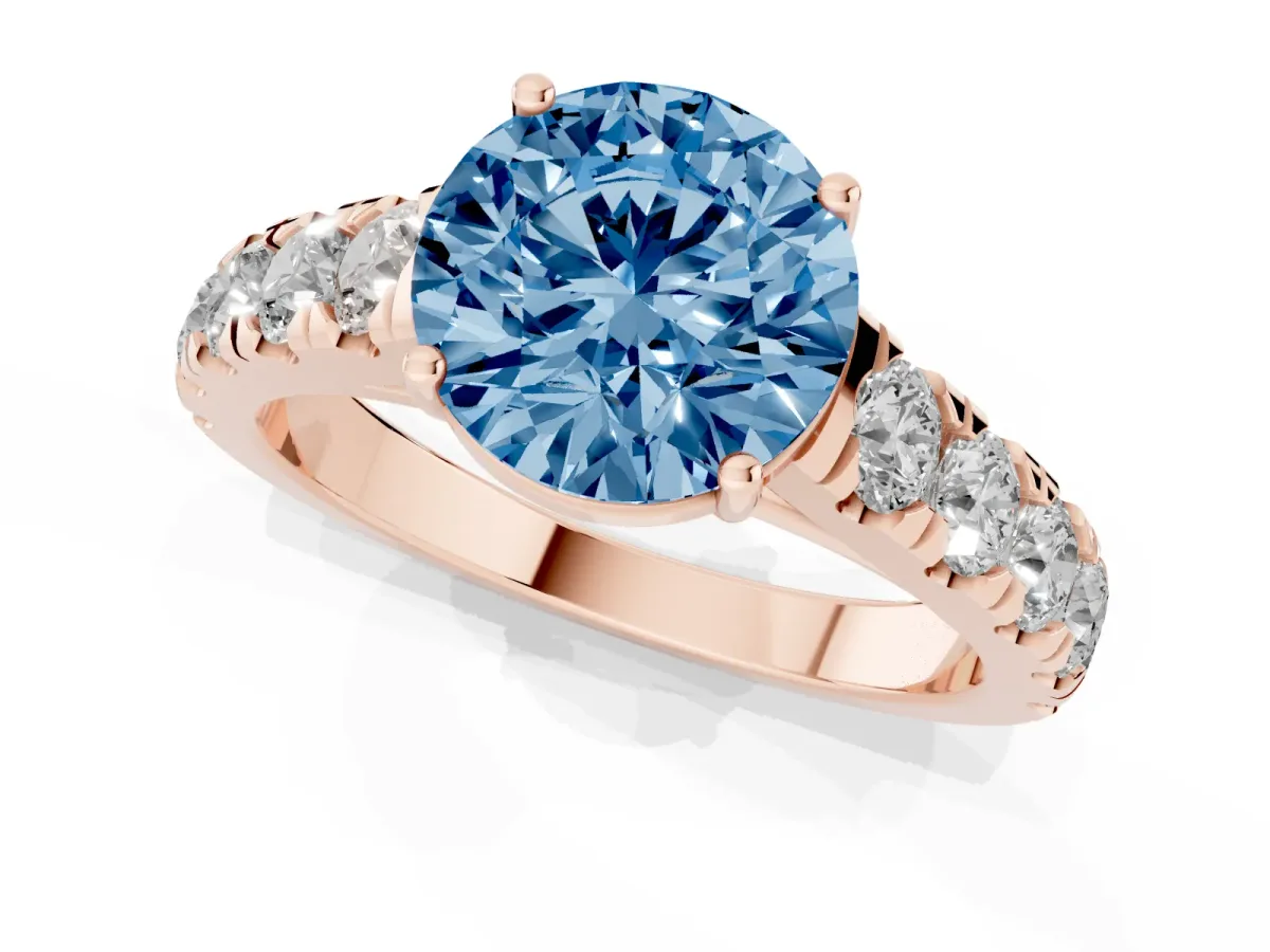 Fancy Blue Round Cut Cut Diamond Solitaire Ring with Micro Pave Band and Prong Setting Rose gold