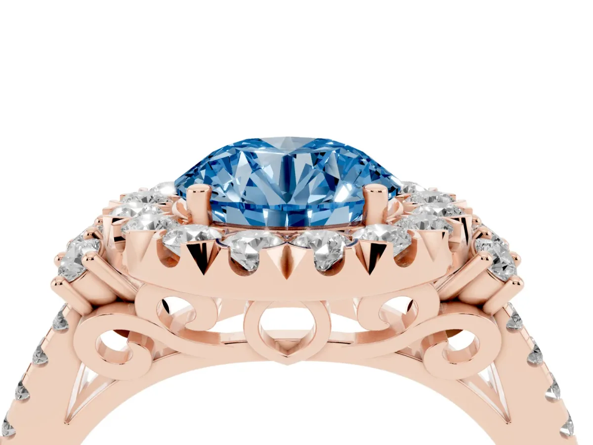 Fancy Blue Round Cut Cut Double Halo Diamond Engagement Ring with Pave Band and Four-Prong Setting Rose gold