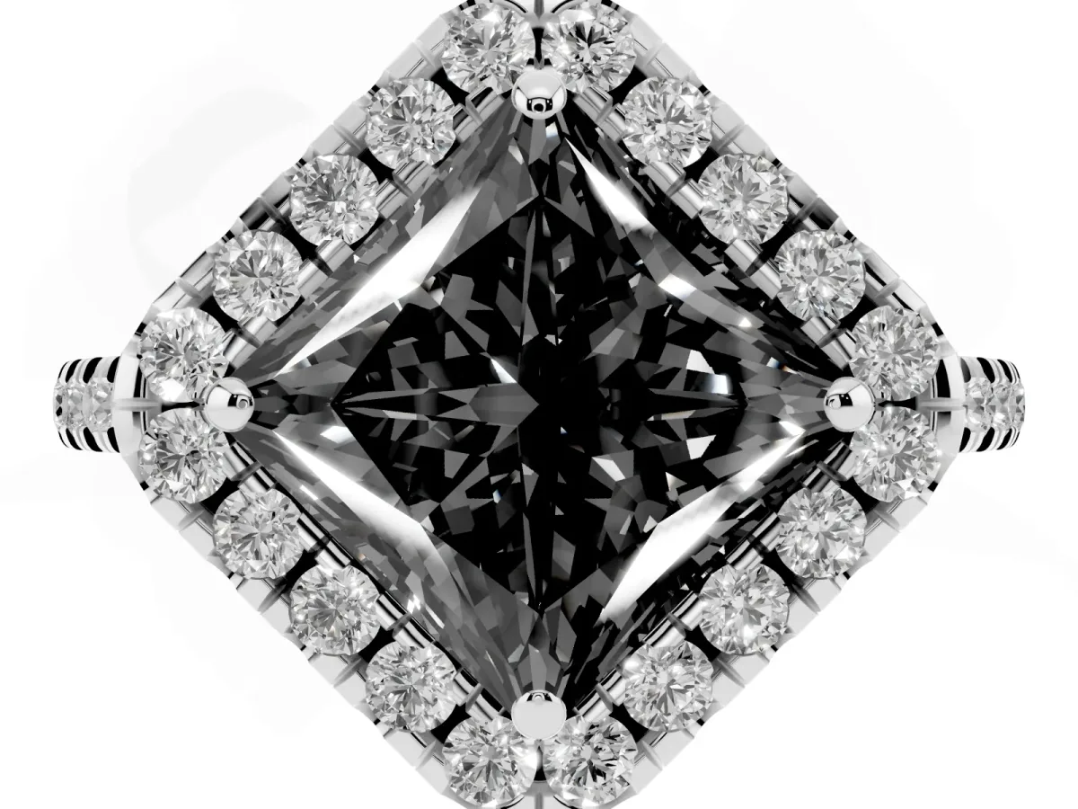 Fancy Black Princess Cut Diamond Cushion Halo Ring with Pavé Band Silver