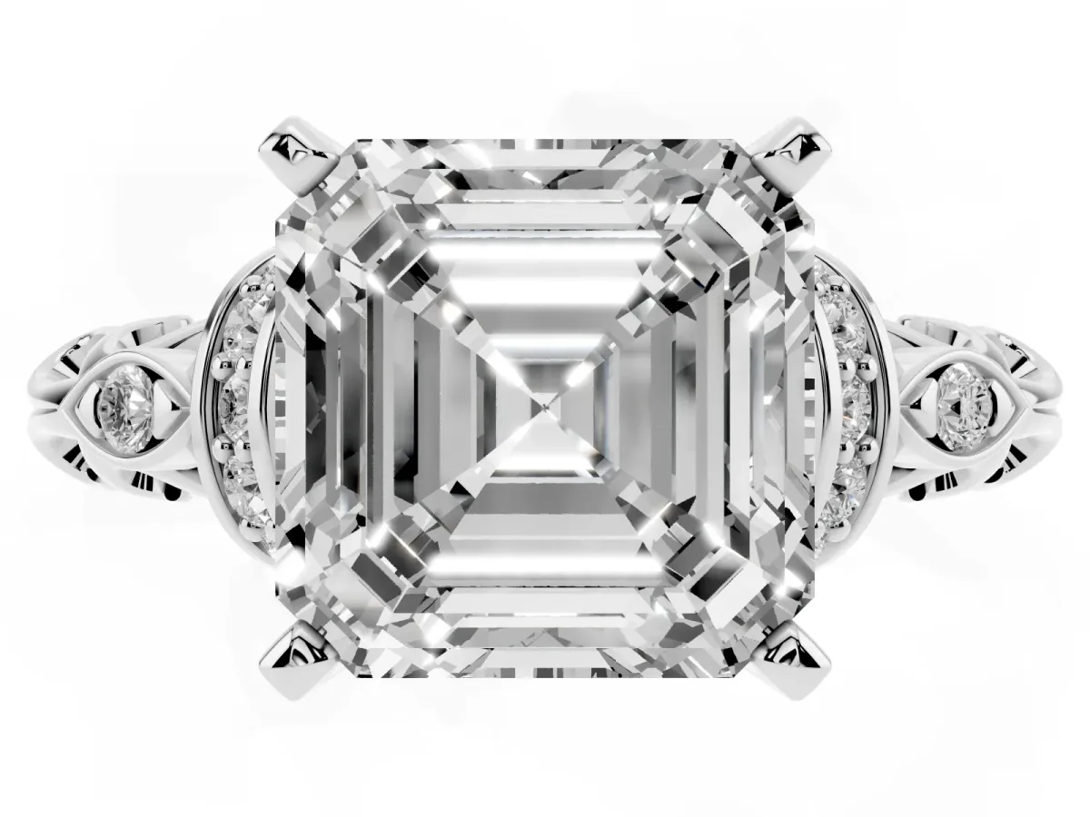 Asscher Cut Diamond Solitaire Ring with Filigree Band and Four-Prong Setting Silver
