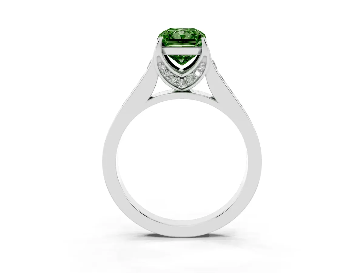 Fancy Green Radiant Cut Brilliant Cut Diamond Engagement Ring with Pavé Band and Four-Prong Setting Platinum
