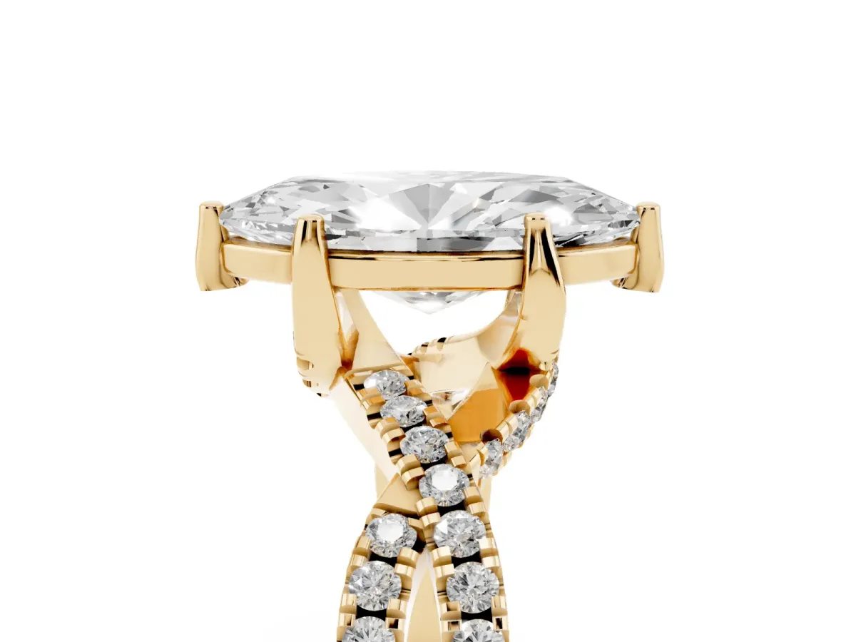 Marquise Cut Solitaire Twist Pave Diamond Engagement Ring with Prong Setting Yellow gold