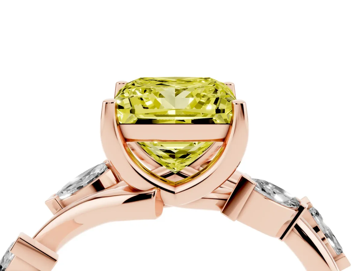 Fancy Yellow Princess Cut Solitaire Twisted Band Marquise Accent Prong Setting Ring Rose gold