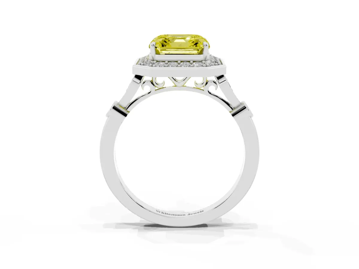 Fancy Yellow Asscher Cut Halo Diamond Engagement Ring with Twisted Band and Four-Prong Setting Silver