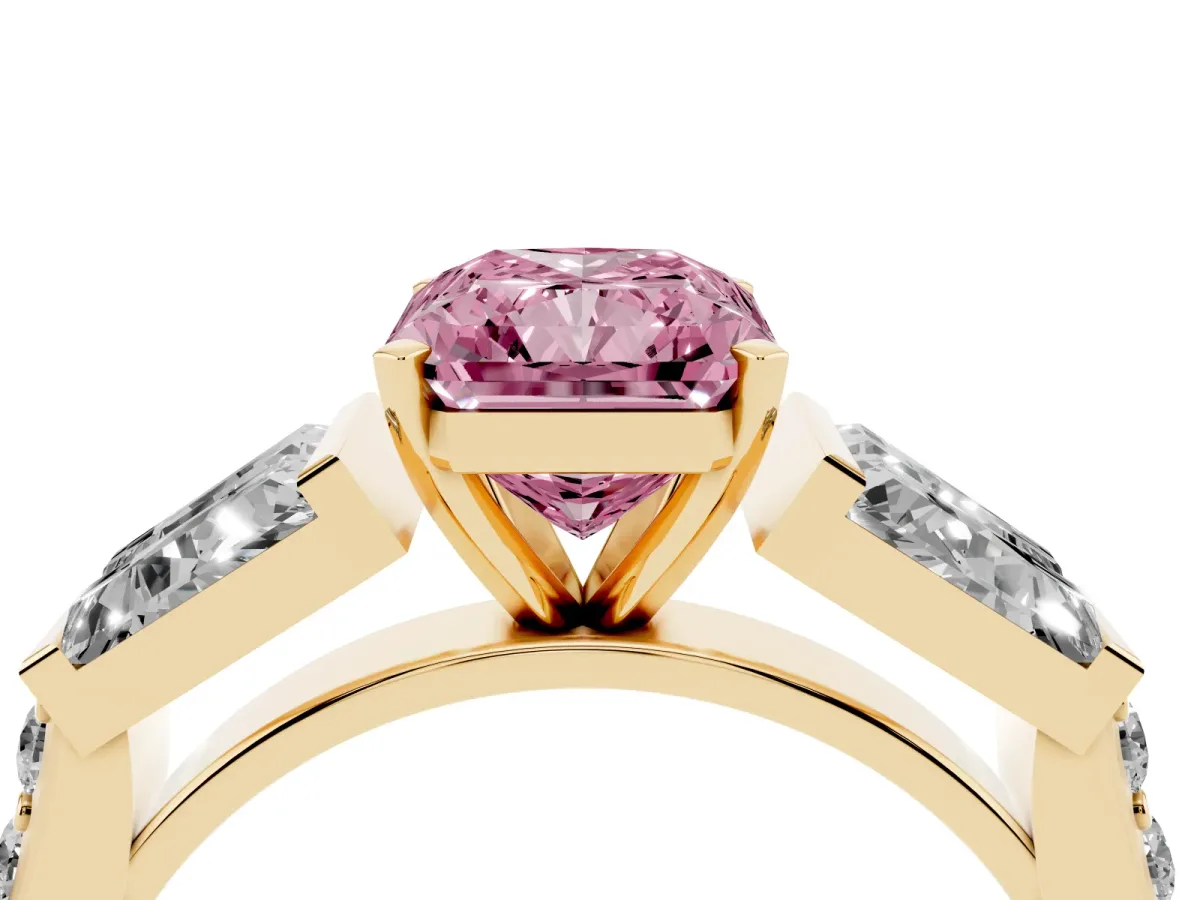 Fancy Pink Radiant Cut Diamond Engagement Ring with Baguette Side Stones and Channel Set Band Yellow gold