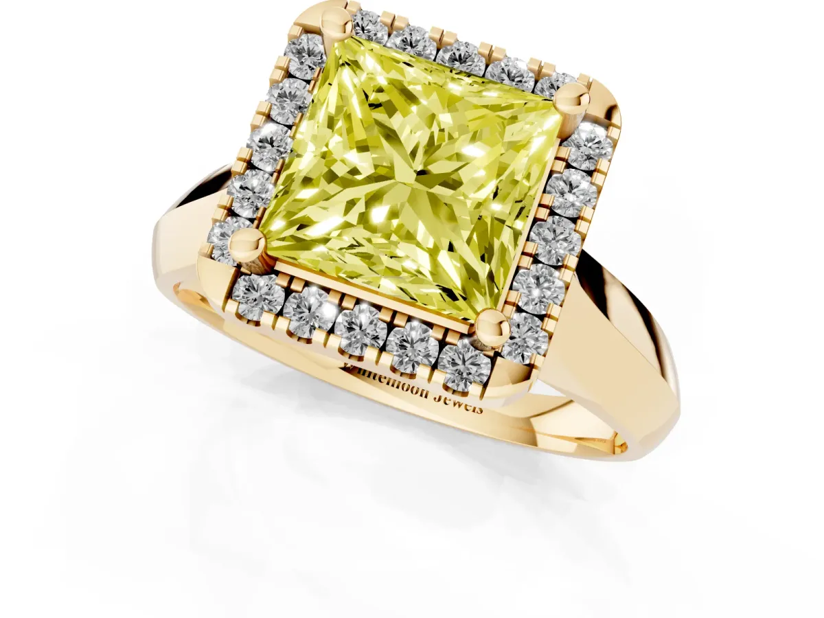 Fancy Yellow Princess Cut Cut Halo Solitaire Engagement Ring with Square Band and Four-Prong Setting Yellow gold