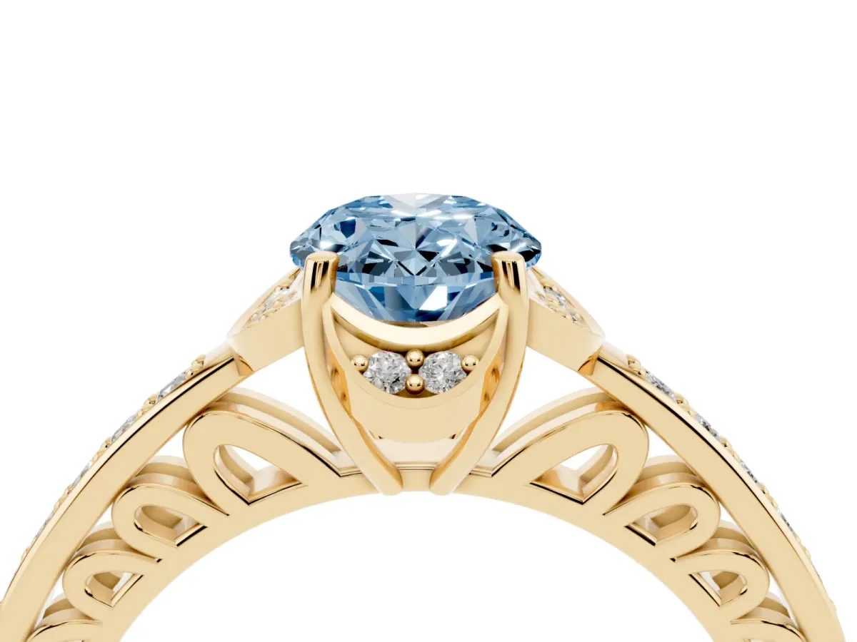 Fancy Blue Oval Cut Cut Halo Diamond Ring with Channel Set Band and Four-Prong Setting Yellow gold