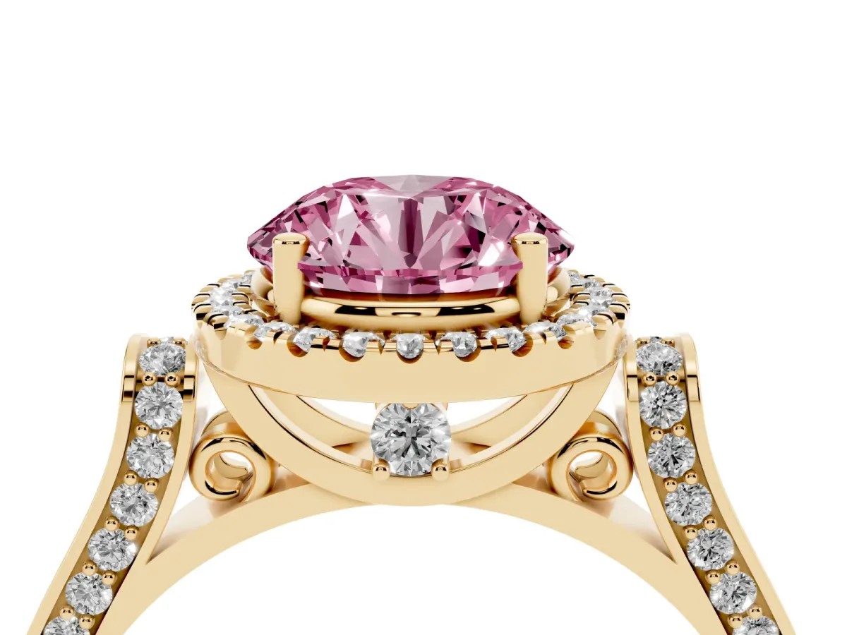 Fancy Pink Round Cut Halo Round Diamond Twist Band with Four-Prong Setting Yellow gold