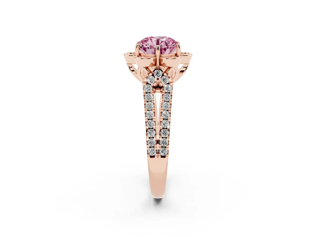 Fancy Pink Round Cut Halo Diamond Floral Split Shank Engagement Ring Rose gold