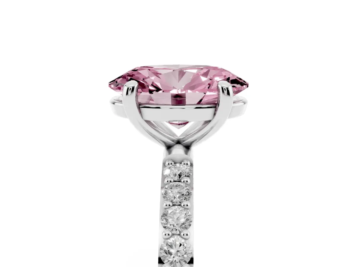 Fancy Pink Oval Cut Diamond Solitaire Ring with Round Pavé Band and Prong Setting Silver