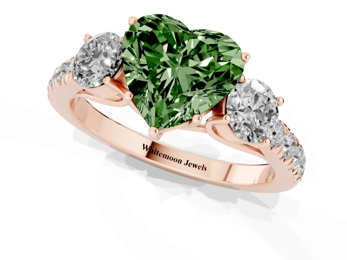 Fancy Green Heart Cut Cut Diamond Three-Stone Ring with Round Side Stones and Pavé Band Rose gold