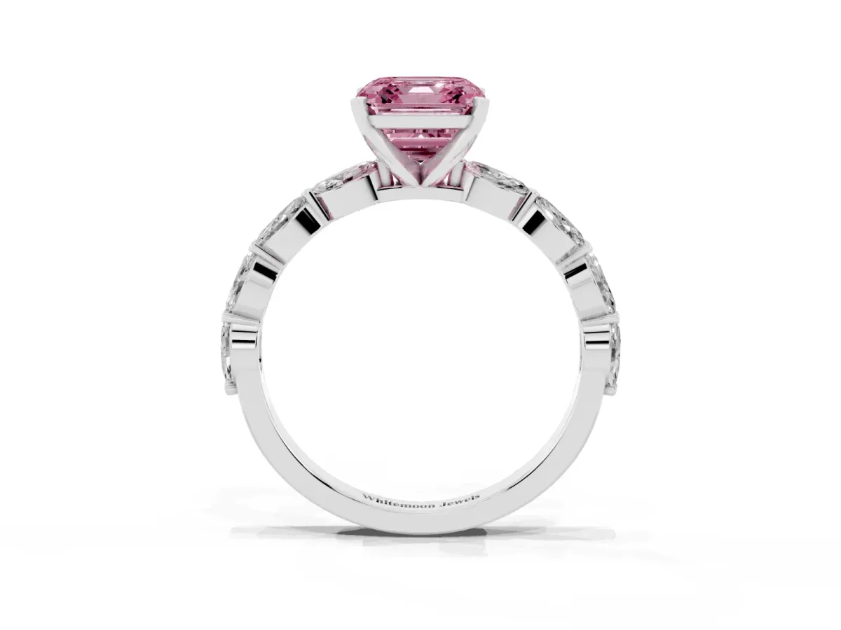 Fancy Pink Asscher Cut Diamond Ring with Marquise Side Stones and Prong Setting Platinum